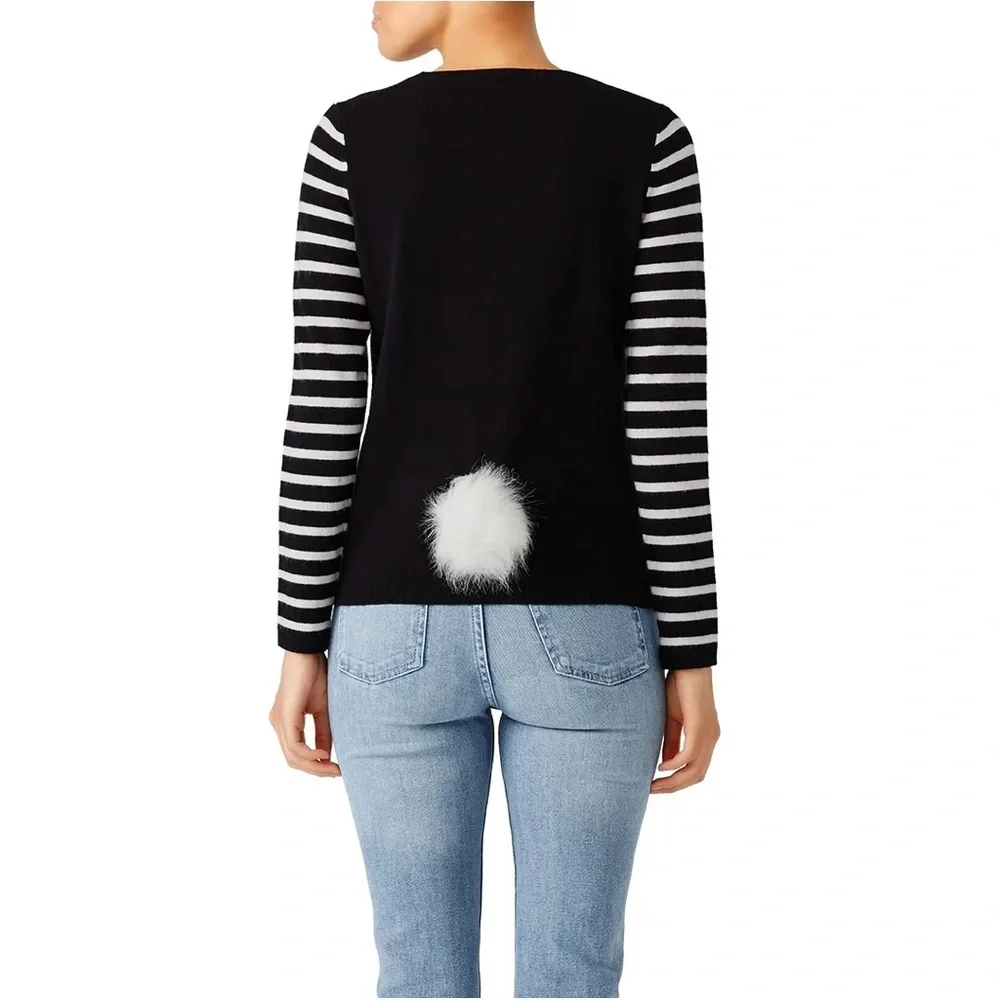 NWT Kate Spade Black White Striped Bunny Wool Blend Sweater PomPom Bunny Tail M